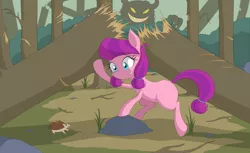 Size: 3800x2322 | Tagged: safe, artist:janji009, derpibooru import, lily longsocks, earth pony, hedgehog, pony, background pony, behind you, blank flank, bush, claw marks, cute, destruction, female, filly, forest, imminent cutiespark, imminent fight, missing cutie mark, monster, origins, rock, scared, strong, super strength, tree, trembling