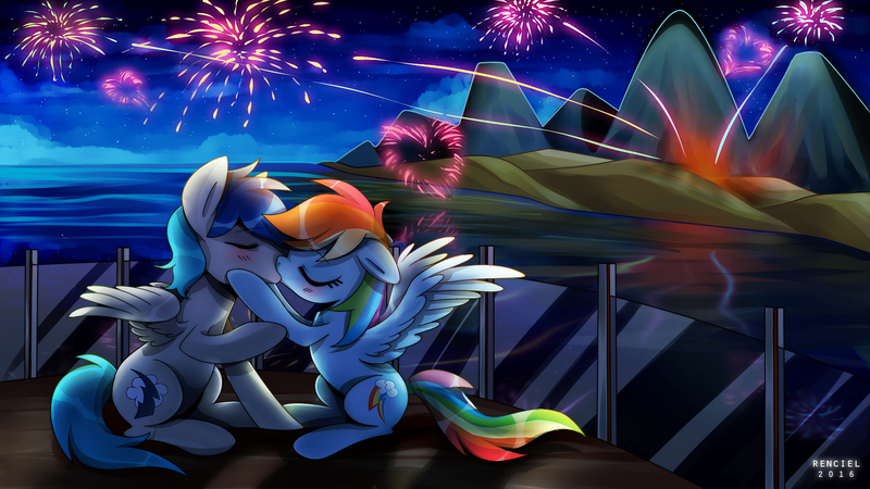 Size: 1800x1012 | Tagged: safe, artist:renciel, derpibooru import, rainbow dash, oc, oc:swift flying, canon x oc, fireworks, kissing, night, shipping