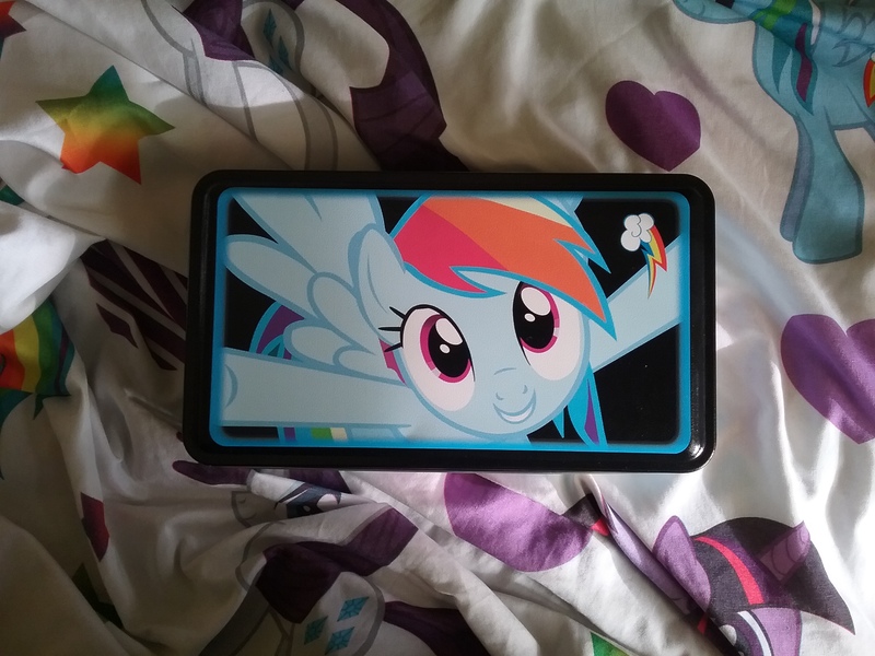 Size: 2592x1944 | Tagged: safe, derpibooru import, rainbow dash, rarity, twilight sparkle, bedsheets, cutie mark, heart, irl, merchandise, photo, stars, tin box