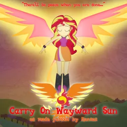 Size: 1080x1080 | Tagged: safe, artist:birdalliance, artist:gratlofatic, artist:joeycrick, artist:zekrom-9, derpibooru import, sunset shimmer, equestria girls, rainbow rocks, album cover, carry on wayward son, kansas, music, pun, solo, sunset phoenix