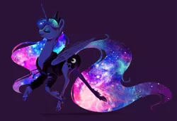 Size: 2005x1379 | Tagged: alicorn, artist:graypaint, classical unicorn, clothes, cloven hooves, derpibooru import, ethereal mane, eyes closed, female, galaxy mane, hoodie, leg fluff, leonine tail, mare, princess luna, purple background, safe, simple background, smiling, solo, starry mane, unshorn fetlocks, walking