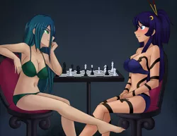 Size: 1280x988 | Tagged: armpits, artist:jonfawkes, barefoot, belly button, blue underwear, bra, breasts, chess, cleavage, clothes, derpibooru import, feet, female, females only, game, green underwear, human, humanized, implied chryssmoon, implied lesbian, nightmare moon, panties, queen chrysalis, suggestive, tattoo, tube top, underwear