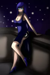 Size: 2500x3772 | Tagged: artist:tyron91, breasts, busty princess luna, cleavage, clothes, cutie mark on human, derpibooru import, dress, eyebrow wiggle, female, gala dress, high heels, human, humanized, lipstick, looking at you, night, princess luna, safe, solo