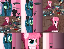 Size: 1948x1500 | Tagged: safe, artist:mixermike622, derpibooru import, queen chrysalis, oc, oc:fluffle puff, changeling, tumblr:ask fluffle puff, bedroom eyes, canon x oc, chrysipuff, comic, david bowie, doll, female, goblin king, heterochromia, jareth, labyrinth (movie), lesbian, movie reference, shipping, this will end in kidnapping, tongue out, toy, wat