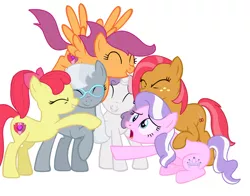 Size: 1024x804 | Tagged: apple bloom, artist:rockin-neko-flower, babs seed, cutie mark, cutie mark crusaders, derpibooru import, diamond tiara, hug, older, older apple bloom, older babs seed, older diamond tiara, older scootaloo, older silver spoon, older sweetie belle, open mouth, safe, scootaloo, silver spoon, simple background, sweetie belle, teenager, the cmc's cutie marks, white background