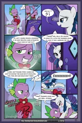 Size: 2100x3150 | Tagged: suggestive, artist:burning-heart-brony, derpibooru import, derpy hooves, rarity, spike, pegasus, pony, comic:friendship isnt canon, bow, bowtie, box of chocolates, clothes, comic, cute, dialogue, female, hair bow, male, mare, older, raribetes, saddle, shipping, sparity, spikabetes, straight