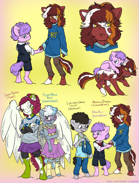 Size: 972x1280 | Tagged: adopted offspring, anthro, artist:kaemantis, cute, derpibooru import, hippocampus, magical lesbian spawn, merpony, oc, oc:arpeggio dapple, oc:ludicrous speed, oc:royal pain, oc:silver belle, oc:sweet pepper, offspring, parent:apple bloom, parent:babs seed, parent:diamond tiara, parents:babstwist, parents:diamondbloom, parent:silver spoon, parents:silverbelle, parent:sweetie belle, parent:twist, safe, unofficial characters only