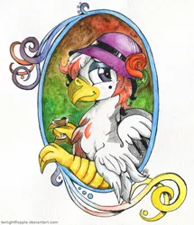 Size: 900x1047 | Tagged: art deco, artist:foxxy-arts, classical hippogriff, cocktail, derpibooru import, flapper, hippogriff, modern art, nouveau, oc, oc:foxxy hooves, safe, solo, traditional art, unofficial characters only, watercolor painting