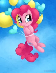 Size: 800x1035 | Tagged: safe, artist:gabapple, derpibooru import, pinkie pie, earth pony, pony, balloon, cute, diapinkes, female, flying, hooves to the chest, mare, sky, solo, then watch her balloons lift her up to the sky