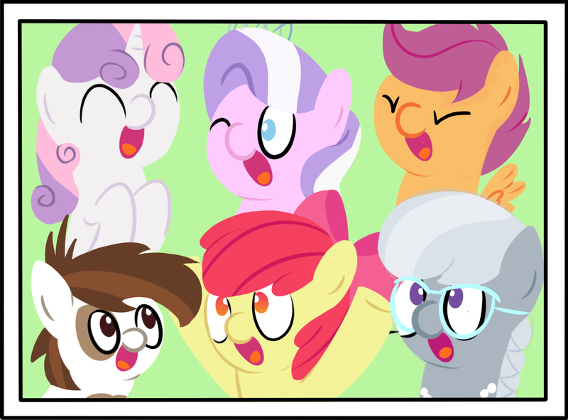 Size: 1300x960 | Tagged: apple bloom, artist:chrisrainicorn, cutie mark crusaders, derpibooru import, diamond tiara, open mouth, pipsqueak, safe, scootaloo, silver spoon, sweetie belle, wink