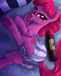 Size: 3600x4500 | Tagged: suggestive, artist:kinkypinkie, derpibooru import, berry punch, berryshine, absurd resolution, alcohol, blushing, boxers, clothes, dock, explicit source, female, food, looking at you, open mouth, solo, solo female, sultry pose, tongue out, underhoof, underwear, wine