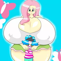 Size: 1500x1500 | Tagged: suggestive, artist:flyxthunder, artist:gyigasn, derpibooru import, fluttershy, oc, oc:flyern, equestria girls, big breasts, blushing, breasts, busty fluttershy, female, huge breasts, hyper, hyper breasts, impossibly large breasts, non-mlp oc