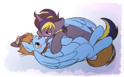 Size: 2950x1840 | Tagged: safe, artist:sugaryviolet, derpibooru import, oc, oc:gliding, oc:truenugget, unofficial characters only, pegasus, pony, blushing, collar, cuddling, cute, gay, hat, heartwarming, hug, kissing, love, male, oc x oc, pet, relationship, shipping, snuggling, submission, valentine, valentine's day