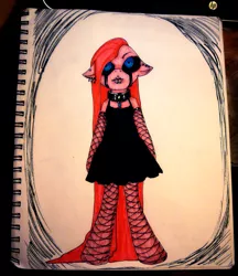 Size: 777x900 | Tagged: artist:ferrettea, black sclera, choker, clothes, derpibooru import, dress, ear piercing, goth, laces, piercing, pinkamena diane pie, pinkie pie, safe