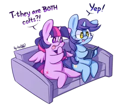 Size: 1536x1315 | Tagged: safe, artist:dsp2003, derpibooru import, twilight sparkle, twilight sparkle (alicorn), oc, oc:mossy, alicorn, pony, bipedal, blushing, book, chibi, couch, dialogue, female, glasses, mare, open mouth, shocked, simple background, style emulation, transparent background, yaoi fangirl