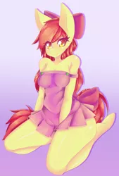 Size: 1280x1899 | Tagged: anthro, apple bloom, artist:tomoyuuki, breasts, cleavage, clothes, cute, derpibooru import, dress, female, looking at you, smiling, solo, solo female, suggestive, underhoof, unguligrade anthro