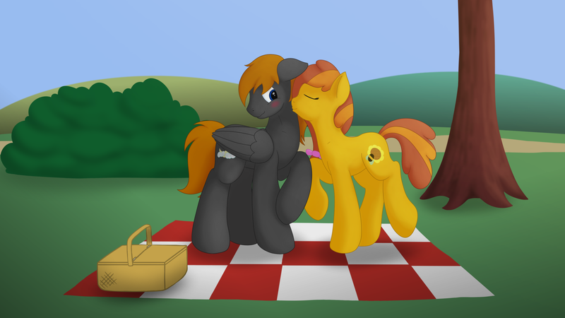 Size: 1600x900 | Tagged: safe, artist:redquoz, derpibooru import, oc, oc:honey ella, oc:romance heart, unofficial characters only, earth pony, pegasus, pony, blushing, female, kissing, male, pair, picnic, picnic basket, request, romella, straight