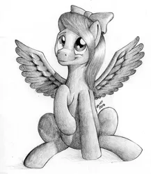 Size: 1110x1280 | Tagged: safe, artist:hardrockllama, derpibooru import, flitter, pegasus, pony, female, grayscale, mare, monochrome, raised hoof, simple background, sitting, solo, spread wings, traditional art