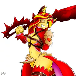 Size: 3000x3000 | Tagged: aldra, anthro, armor, artist:mutanobr, big breasts, bottomless, breasts, busty sunset shimmer, clothes, crossover, derpibooru import, female, grin, queen aldra, queen's blade, simple background, socks, solo, solo female, suggestive, sunset shimmer, sword, thigh highs, unconvincing armor, weapon, white background, wink