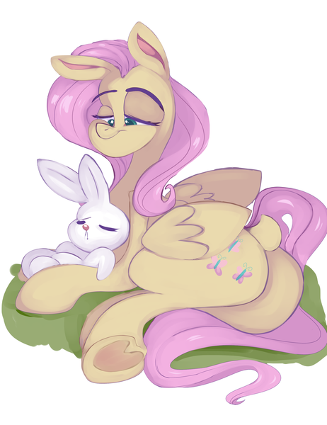 Size: 2000x2600 | Tagged: angel bunny, artist:mili-kat, derpibooru import, dock, fluttershy, prone, safe, sleeping, underhoof