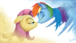 Size: 1920x1080 | Tagged: safe, artist:the1xeno1, derpibooru import, fluttershy, rainbow dash, eyes closed, female, floppy ears, flutterdash, lesbian, nuzzling, shipping