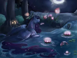 Size: 1280x962 | Tagged: alicorn, artist:miidniightsuun, derpibooru import, ethereal mane, female, fish, flower, folded wings, horse, horsified, mare, moon, night, princess luna, prone, river, safe, solo, starry mane, wings