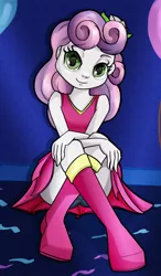 Size: 640x1098 | Tagged: safe, artist:ohohokapi, deleted from derpibooru, derpibooru import, sweetie belle, equestria girls, bedroom eyes, black underwear, boots, clothes, dress, fall formal outfits, high heel boots, looking at you, panties, skirt, skirt lift, solo, underwear, upskirt