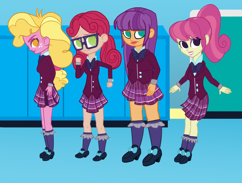 Size: 3507x2658 | Tagged: safe, artist:oneovertwo, derpibooru import, alizarin bubblegum, diwata aino, ginger owlseye, taffy shade, equestria girls, friendship games, background human, clothes, ruby red, skirt