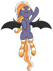 Size: 2100x2800 | Tagged: safe, artist:sethisto, derpibooru import, oc, oc:candy corn, unofficial characters only, bat pony, pony, clothes, floppy ears, flying, halloween, holiday, socks, striped socks