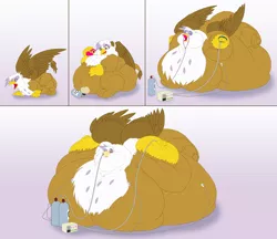Size: 2500x2163 | Tagged: suggestive, artist:daniel_kay, derpibooru import, gilda, gryphon, beak, belly, bingo wings, blob, bratty, chubby cheeks, comfort eating, cpap, crying, eating, eyes closed, fat, female, gildough, immobile, impossibly large belly, life support, morbidly obese, neck roll, obese, open beak, open mouth, rolls of fat, sad, solo, solo female, weight gain