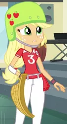 Size: 300x550 | Tagged: safe, derpibooru import, screencap, applejack, equestria girls, friendship games, cropped, jai alai, solo