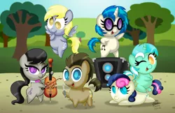 Size: 1600x1035 | Tagged: safe, artist:aleximusprime, derpibooru import, bon bon, derpy hooves, doctor whooves, lyra heartstrings, octavia melody, sweetie drops, time turner, vinyl scratch, pegasus, pony, background six, bass cannon, cello, chibi, doctor who, female, mare, musical instrument, sonic screwdriver