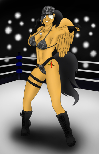 Size: 900x1400 | Tagged: suggestive, artist:loveforletty64, derpibooru import, oc, oc:quick bullet, unofficial characters only, anthro, armpits, bra, breasts, clothes, panties, solo, sunglasses, underwear, wrestling, wrestling ring