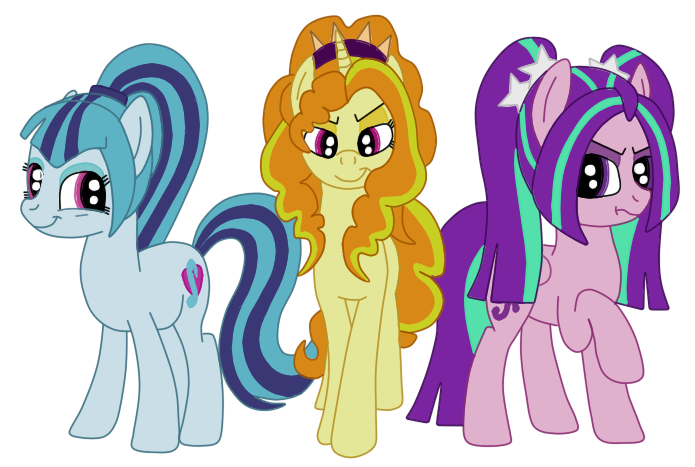 Size: 695x467 | Tagged: safe, artist:squipycheetah, derpibooru import, adagio dazzle, aria blaze, sonata dusk, ponified, earth pony, pegasus, pony, unicorn, equestria girls, rainbow rocks, crossed hooves, crossed legs, equestria girls ponified, grumpy, looking at you, looking back, ponytail, raised hoof, simple background, smiling, smirk, the dazzlings, transparent background, trio