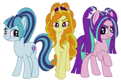 Size: 695x467 | Tagged: safe, artist:squipycheetah, derpibooru import, adagio dazzle, aria blaze, sonata dusk, ponified, earth pony, pegasus, pony, unicorn, equestria girls, rainbow rocks, crossed hooves, crossed legs, equestria girls ponified, grumpy, looking at you, looking back, ponytail, raised hoof, simple background, smiling, smirk, the dazzlings, transparent background, trio