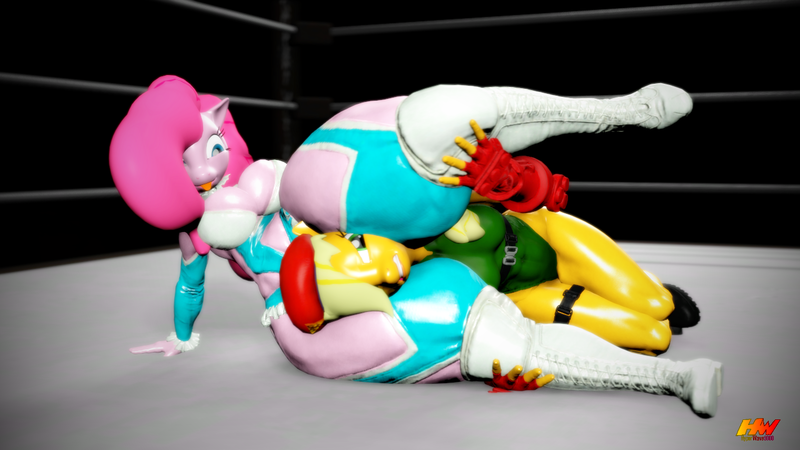 Size: 1280x720 | Tagged: 3d, abs, anthro, applebucking thighs, applejack, artist:hyperwave9000, ass, bottom heavy, breasts, busty applejack, busty pinkie pie, cammy white, cleavage, crossover, derpibooru import, female, huge butt, impossibly large butt, impossibly large thighs, large butt, mika pie vs cammy jack, pinkie pie, pinkie thighs, rainbow mika, rainbow pinka, source filmmaker, street fighter, suggestive, thunder thighs, wrestling, wrestling ring