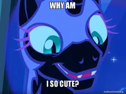 Size: 800x598 | Tagged: safe, derpibooru import, nightmare moon, alicorn, pony, the cutie re-mark, alternate timeline, bronybait, cute, cute little fangs, exploitable meme, faic, fangs, image macro, meme, moon moon, moonie snacks, nightmare takeover timeline, open mouth, smiling, solo, talking to viewer