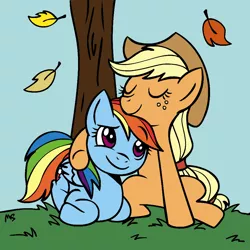 Size: 945x945 | Tagged: safe, artist:megasweet, derpibooru import, applejack, rainbow dash, appledash, artifact, colored, eyes closed, female, hug, leaves, lesbian, shipping, tree