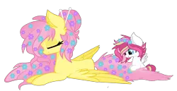 Size: 2348x1213 | Tagged: alternate hairstyle, artist:kaatseye, derpibooru import, ear fluff, eyes closed, floral head wreath, flower, flower in hair, fluttershy, mother and daughter, oc, oc:firefly, offspring, parent:bulk biceps, parent:fluttershy, parents:flutterbulk, prone, safe, simple background, transparent background