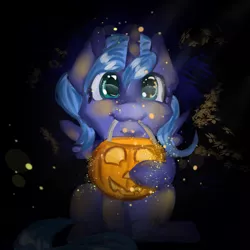 Size: 2000x2000 | Tagged: artist:drauguzislt, bucket, derpibooru import, filly, jack-o-lantern, looking at you, mouth hold, princess luna, pumpkin bucket, safe, sitting, solo, woona