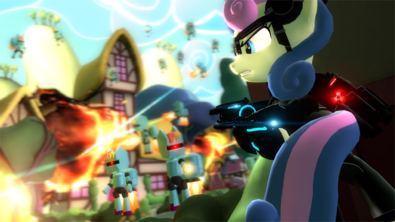 Size: 1920x1080 | Tagged: safe, artist:powdan, derpibooru import, bon bon, sweetie drops, pony, robot, robot pony, .mov, swag.mov, 3d, apocalypse, explosion, gmod, laser, ponyville, r-dash 5000, secret agent sweetie drops, weapon