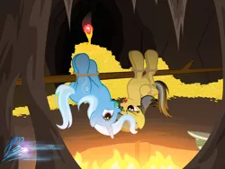 Size: 4000x3000 | Tagged: safe, artist:nightmaremoons, derpibooru import, daring do, trixie, pony, unicorn, apple, apple gag, bondage, cave, cavern, commission, cooked alive, cooking, female, fire, food, gag, gold, hat, literal spitroast, mare, peril, pith helmet, pony as food, rope, tied up, treasure, upside down