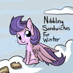 Size: 792x792 | Tagged: safe, artist:tjpones, derpibooru import, clear skies, pegasus, pony, :t, bait and switch, cloud, cute, daaaaaaaaaaaw, eating, fluffy, food, fun with acronyms, hibernation, looking at you, nsfw, pun, sandwich, sitting, smiling, snow, snowfall, solo, spread wings, tjpones is trying to murder us, weapons-grade cute, winter