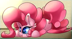 Size: 3000x1607 | Tagged: safe, artist:madacon, derpibooru import, pinkie pie, earth pony, pony, cute, diapinkes, ear fluff, female, fluffy mane, mare, ponk, prone, solo, tongue out