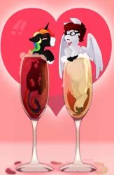 Size: 837x1280 | Tagged: safe, artist:obakawaii, derpibooru import, oc, oc:cloudburst, oc:rainbow heart, unofficial characters only, pony, champagne, cup of pony, gay, male, micro, red wine, valentine's day