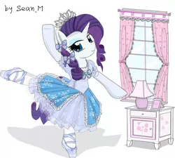 Size: 580x522 | Tagged: active stretch, artist:avchonline, ballerina, canterlot royal ballet academy, clothes, dancing, derpibooru import, dress, flexible, frilly dress, lamp, looking at you, rarity, safe, slippers, solo, tiara, tutu, window