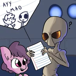 Size: 792x792 | Tagged: safe, artist:tjpones, derpibooru import, edit, oc, alien, ayy lmao, confused, crossover, drawing, open mouth, paper, question mark, raised eyebrow, sectoid, smiling, stick figure, x-com