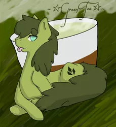 Size: 1989x2172 | Tagged: safe, derpibooru import, oc, oc:green tea, unofficial characters only, green background, green mane, green tea, simple background, steam, tongue out