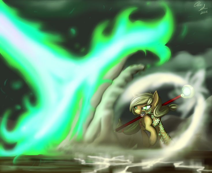 Size: 1250x1021 | Tagged: applejack, artist:jinyaranda, derpibooru import, druid, fire, magic, runes, safe, solo, staff