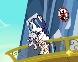 Size: 750x597 | Tagged: semi-grimdark, artist:toonbat, derpibooru import, princess flurry heart, shining armor, pony, season 6, the crystalling, "responsible father" armor, alternate hairstyle, balcony, bipedal, crystal empire, first world anarchist, fuck the police, michael jackson, open mouth, shining armor is a goddamn moron, sign, smiling, the implications are horrible, this will end in tears, we are going to hell